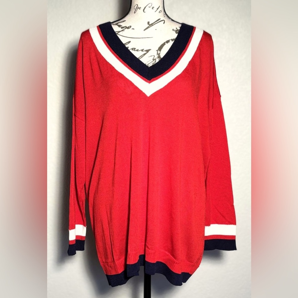 Anne Klein 2X Poppy Red White Blue V-Neck 3/4 Sleeves Lightweight Sweater NWT